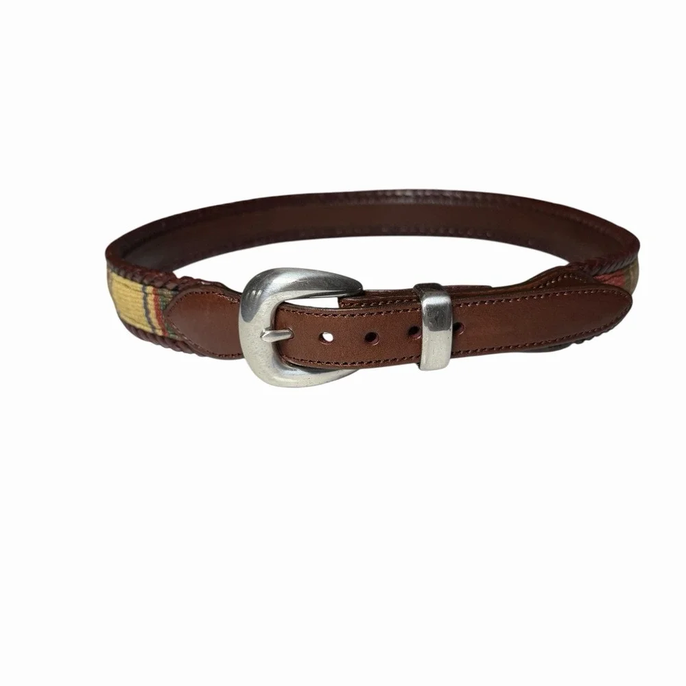 Brighton‎ Santos Fabric Braided Edge Western Leather Belt Silver Buckle Size 32